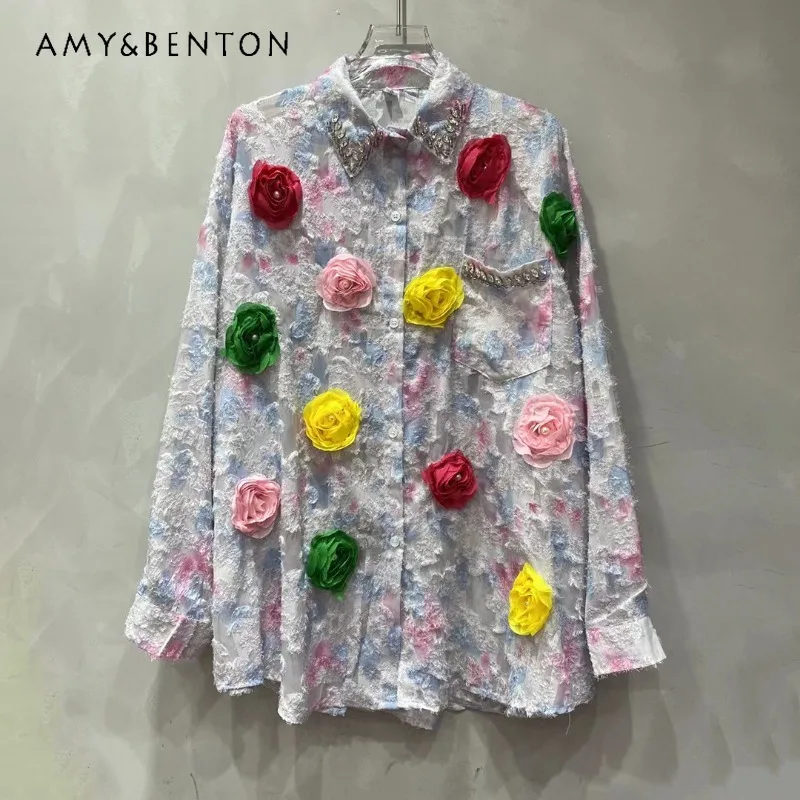 

European Station 2024 Autumn New Heavy Industry Three-dimensional Flower Bead Shirt Design Sense Loose Streetwear Blouse Female