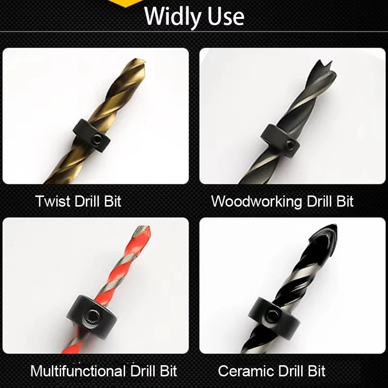 Adjustable Drill Depth Stop Bit Collar Set Positioner Limit Ring Allen Wrench Tighten The Stopper Set-Screws Woodworking Tool