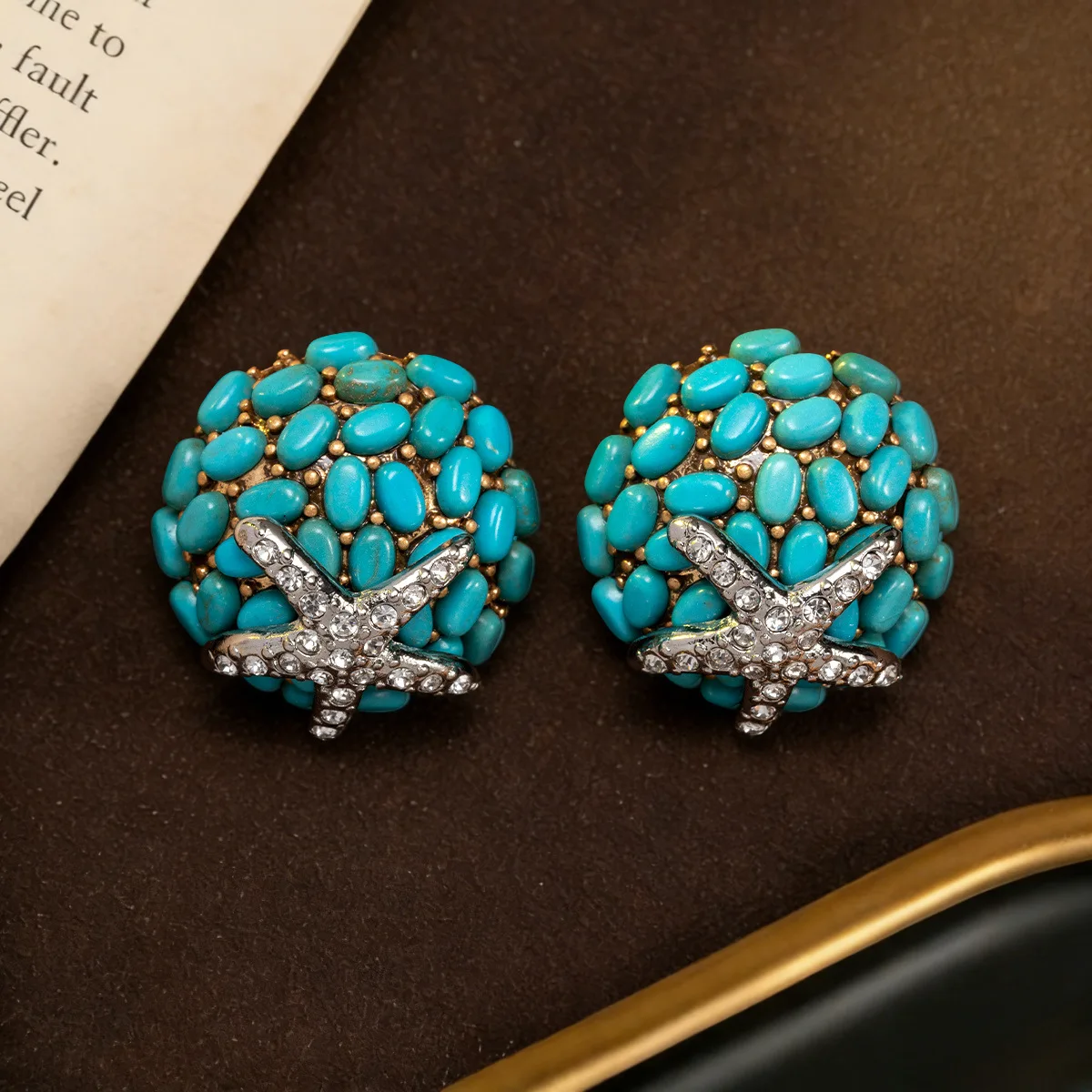 vintage turquoise stud earrings exaggerated exquisite earrings retro style five-pointed ball star earrings