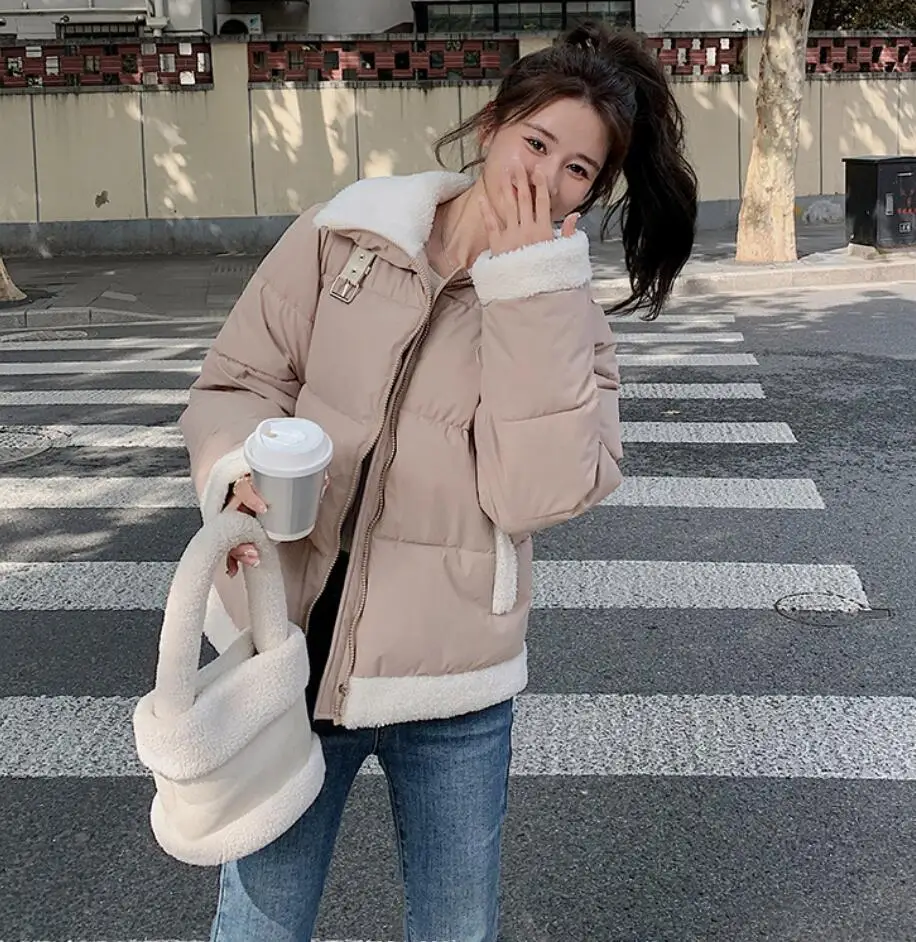 2024 Winter Women Solid Cotton-Padded Jackets Long Sleeve Outerwear Korean Warm Lamb Collar Coat Female Loose Down Cotton Clothe