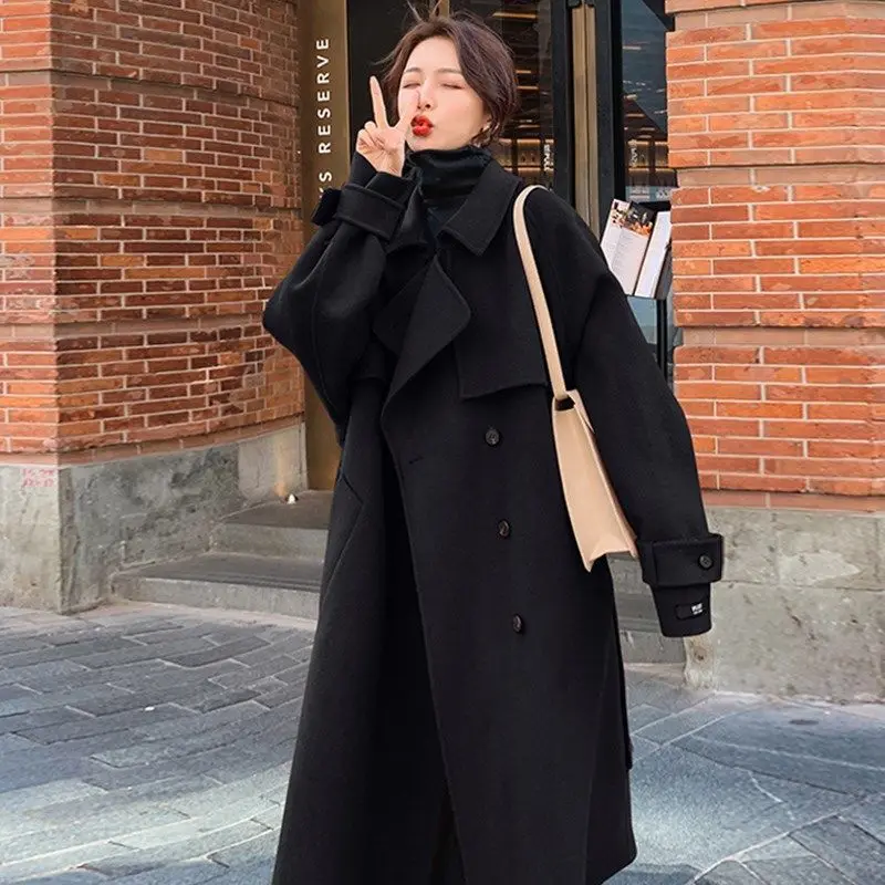 

2023 Winter New Mid length Korean Gentle Woolen Coat Women's Black Woolen Coat Korean Version Premium Feel