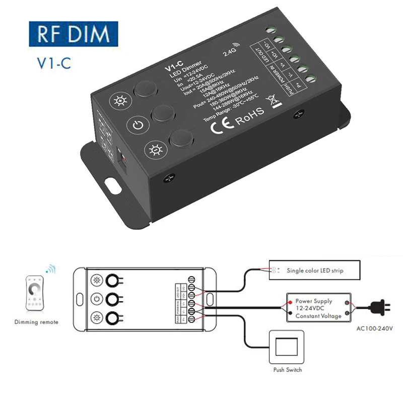 

Skydance V1-C DC 12V 24V LED Dimmer Switch 20A Constant Voltage Controller for Single Color LED Strip