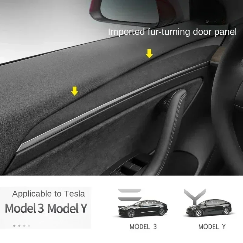 Suede For Tesla Model 3 Y 2020 2021 2022 2023 Car Door Trim Protection Sticker Interior Door Handle Decoration Panel