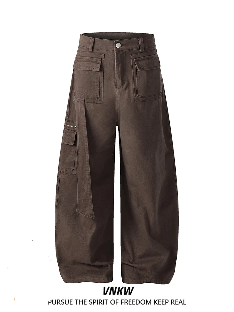 

Повседневные коричневые брюки унисекс свободного кроя с деконструированным дизайном, множеством карманов и широкими штанинами, струящиеся, длинные, в стиле рабочих брюк