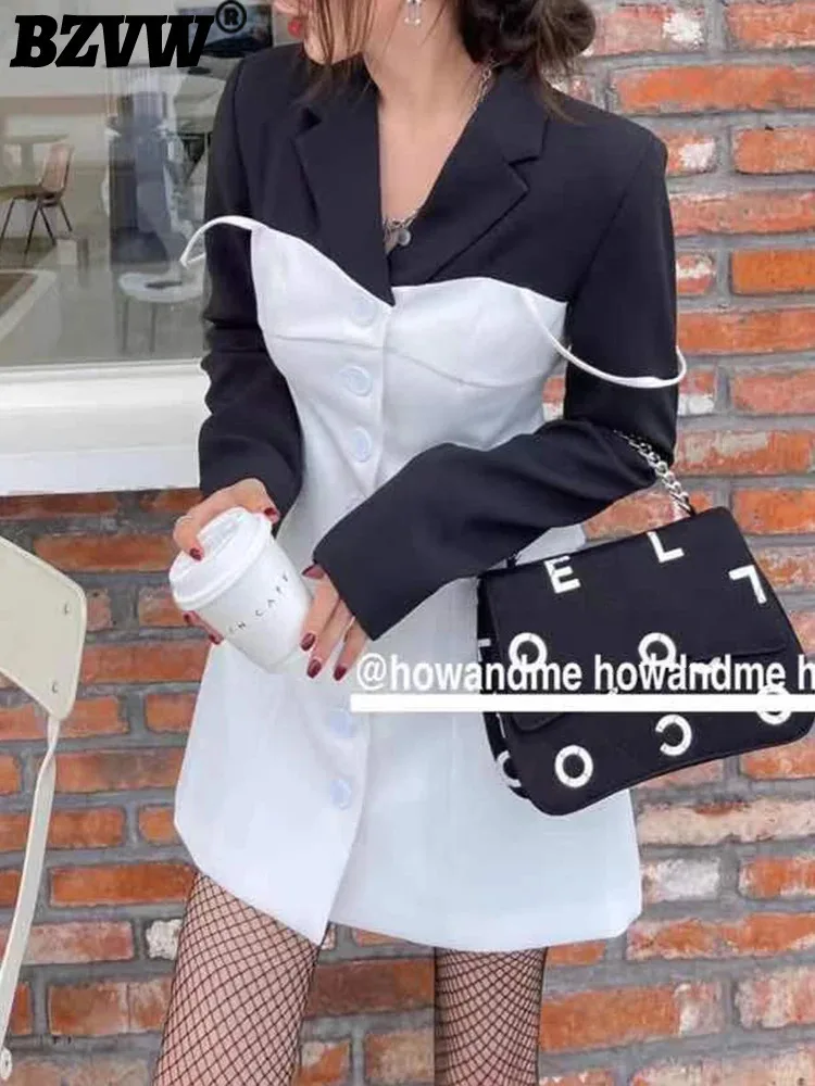 

BZVW Fashion Blazer Dress For Women Notched Single Breatsed Contrast Color Gathered Waist Dresses 2024 Autumn New 25A8785