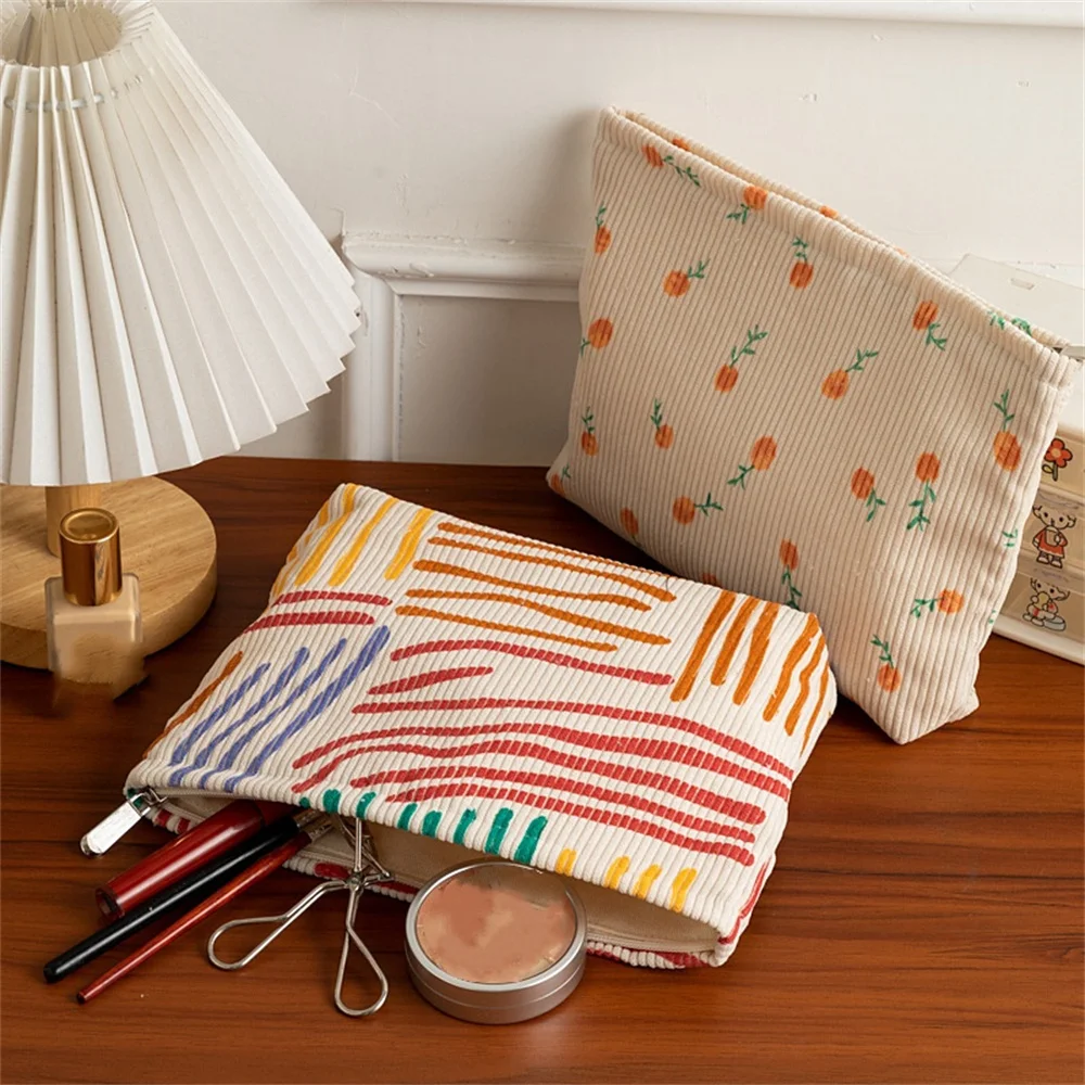 Women Travel Cosmetic Bag Fashion Corduroy Clash Color Striped Makeup Pouch Beauty Storage Cases Make Up Organizer Clutch Bag