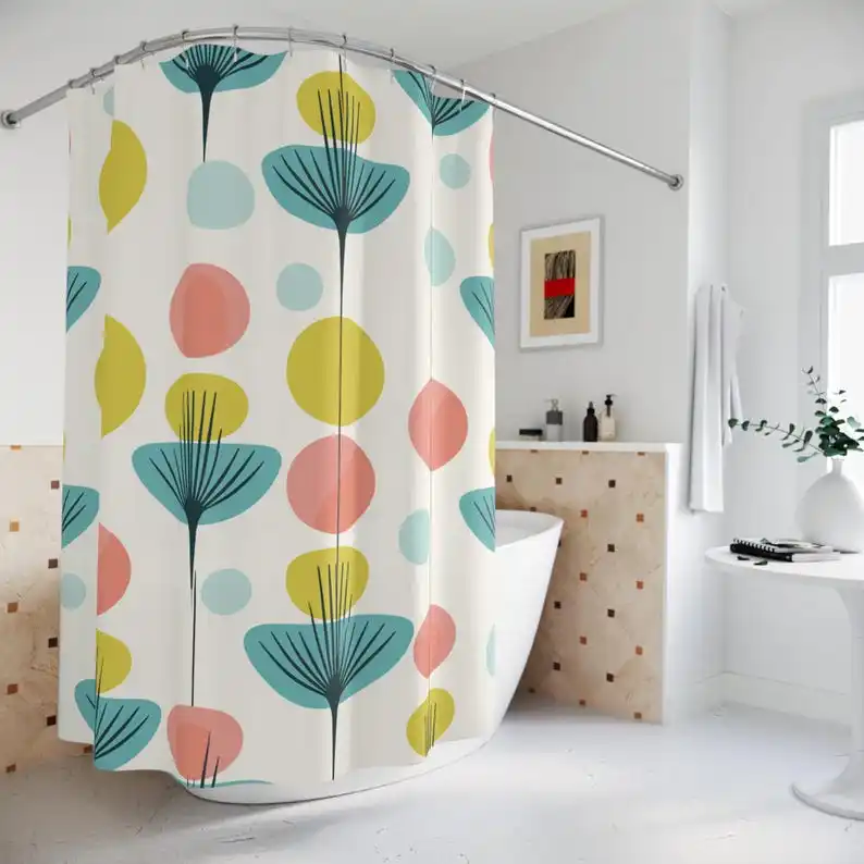 Mid Century Modern Retro Shower Curtain, Atomic Orbs Geometric Bathroom Decor