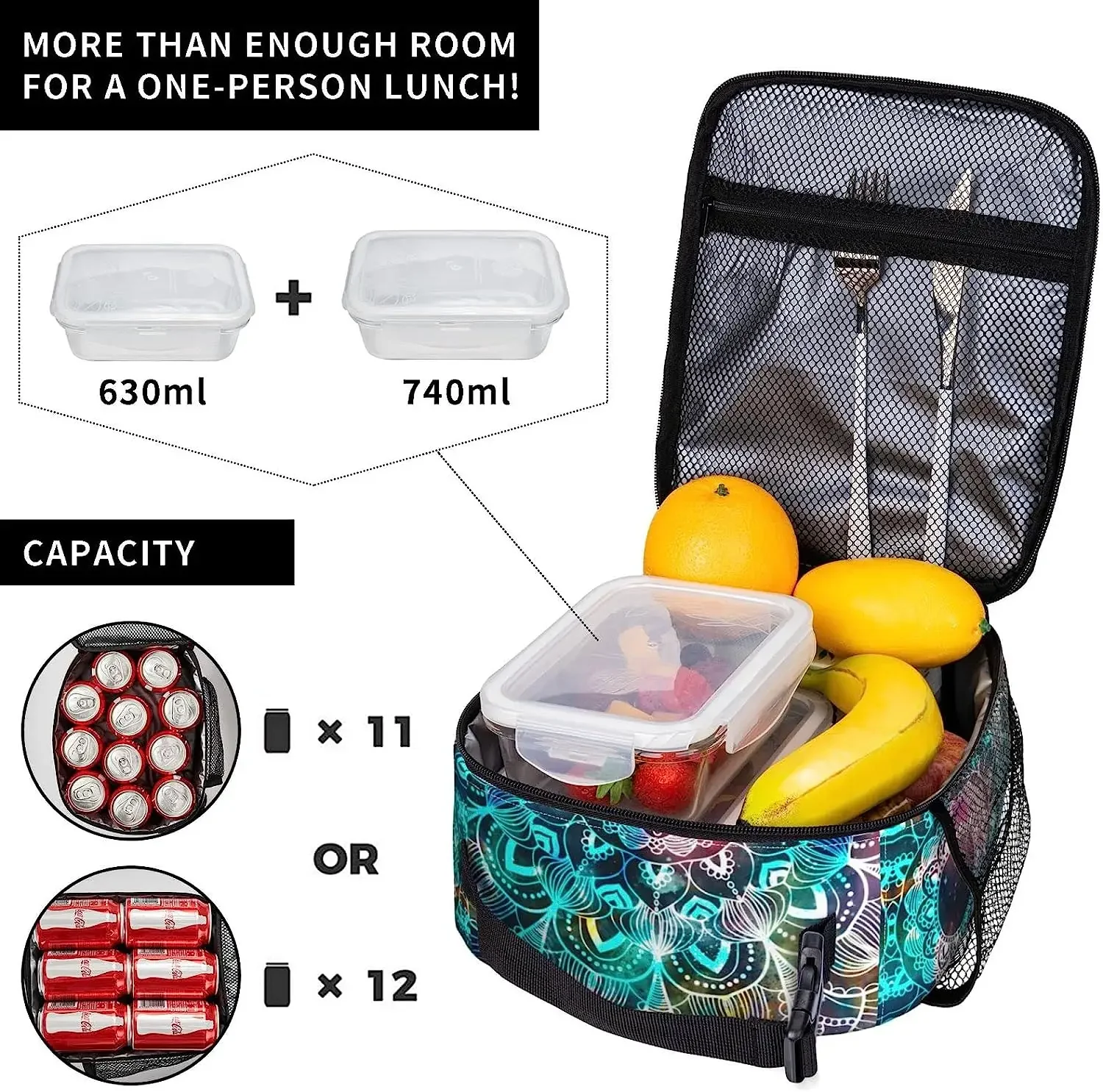 Mandala for Henna Insulated Lunch Bag Reusable Thermal Lunch Box for Work Picnic Beach Travel Cooler Bag