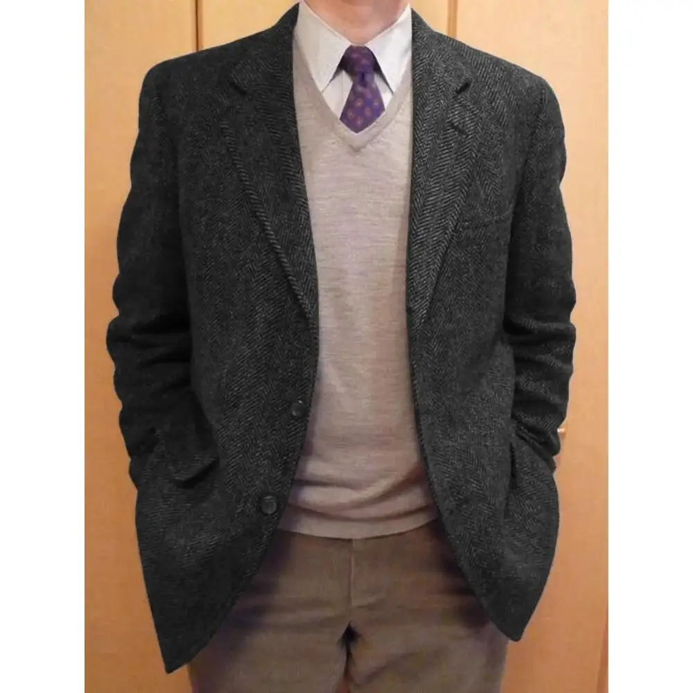 Autunm/Winter Men's Suit Black Herringbone Blazer Prom Tuxedos Wool Tweed Notch Lapel Two Buttons Bussiness/Wedding Jacket Tops
