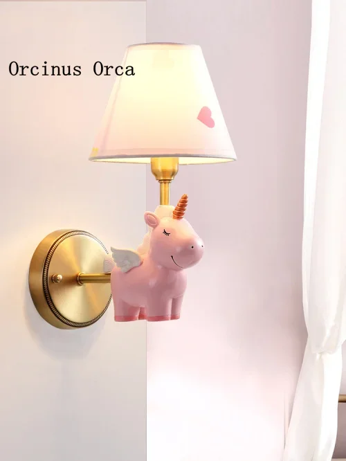 Nordic simple pony wall lamp Boy Girl Bedroom children's room bedside lamp American all copper cartoon Unicorn wall lamp