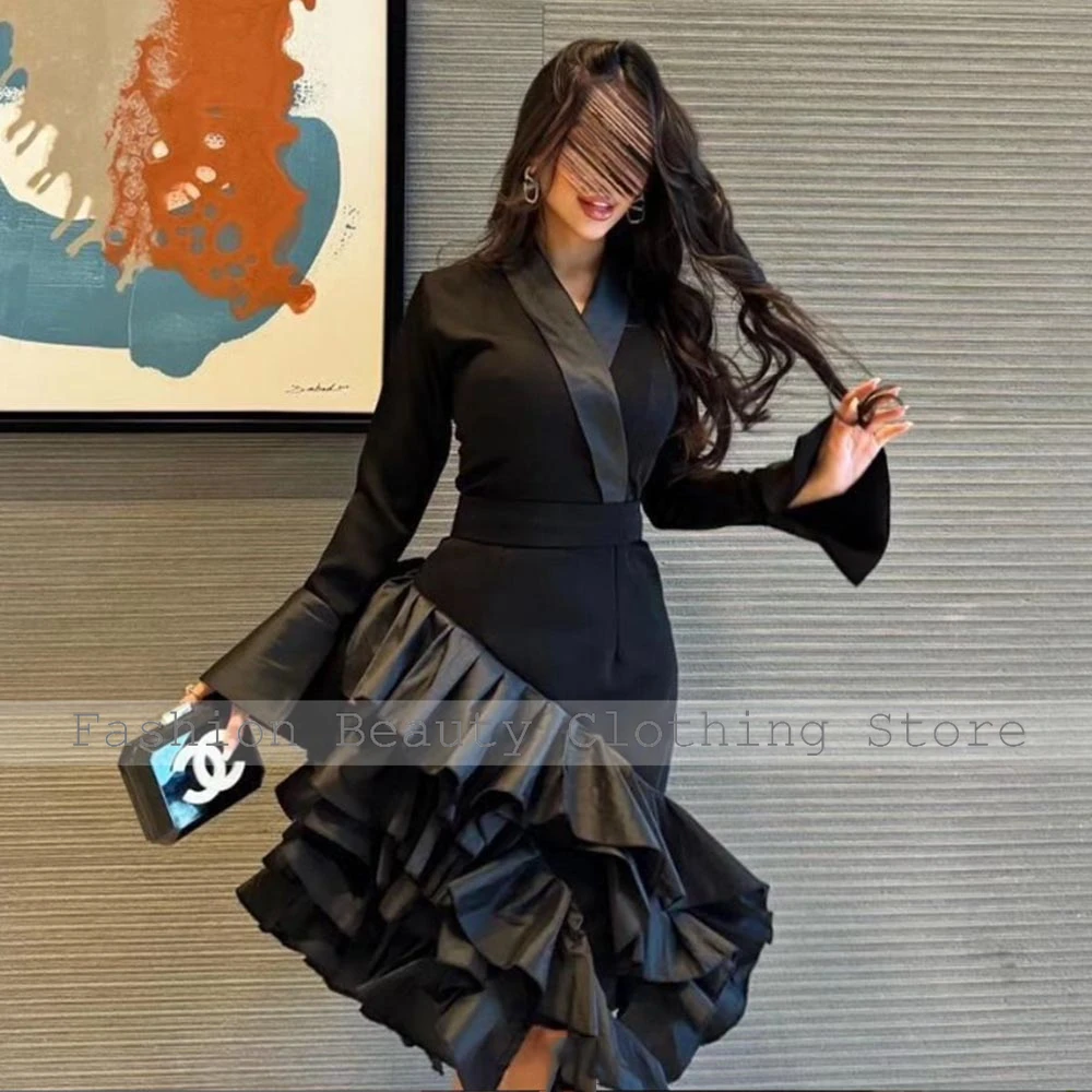 Elegant Sexy Cocktail Dresses Black Satin Ruffles A-line V-neck Knee Length Dresses  Elegant Party Dresses Woman Gowns 2024