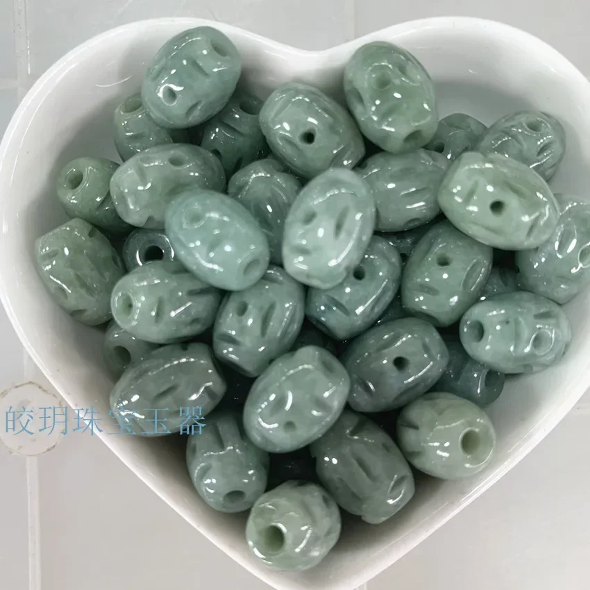 

50pcs 8*10mm Full Green Old Pit Jadeite Money Pattern Rice Bead Parts Myanmar Bean Hollow Jadeite Rice Bead Bracelet Accessories