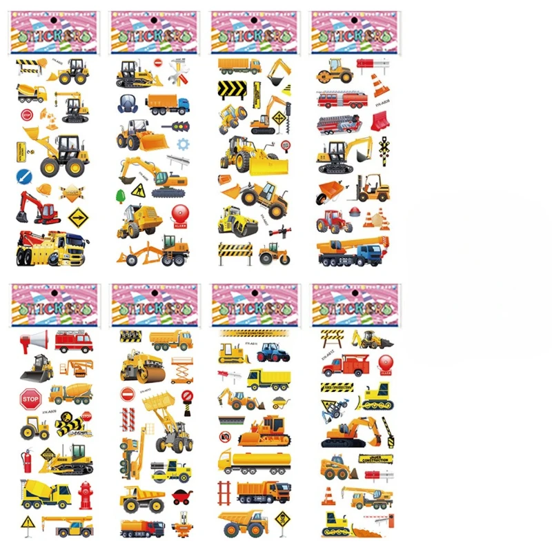 6pcs Mixed Packs Stickers Puffy Bulk Stickers for Birthday Gift Scrapbooking Cartoon Engineering Vehicle Stickers