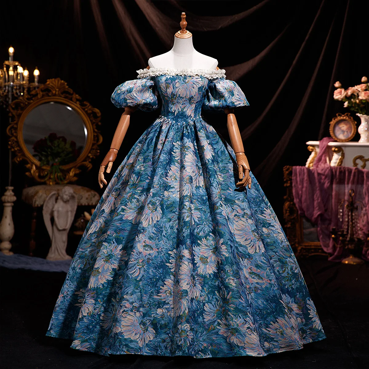 

2025wind Blue Oil Painting Evening Dress Skirt French Hosting Travel Photography Court Performance Clothes Art Examination Dance