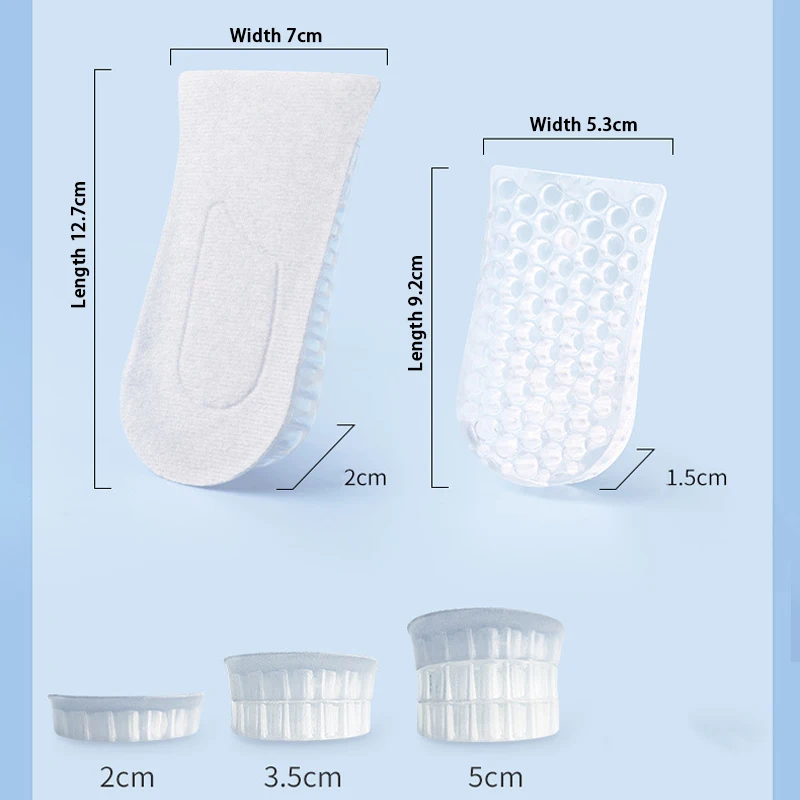 1 par de palmilhas de silicone para aumento de altura, palmilhas femininas e masculinas de meia palmilha com amortecimento de ar de 3 camadas, 2cm/3.5cm/5cm