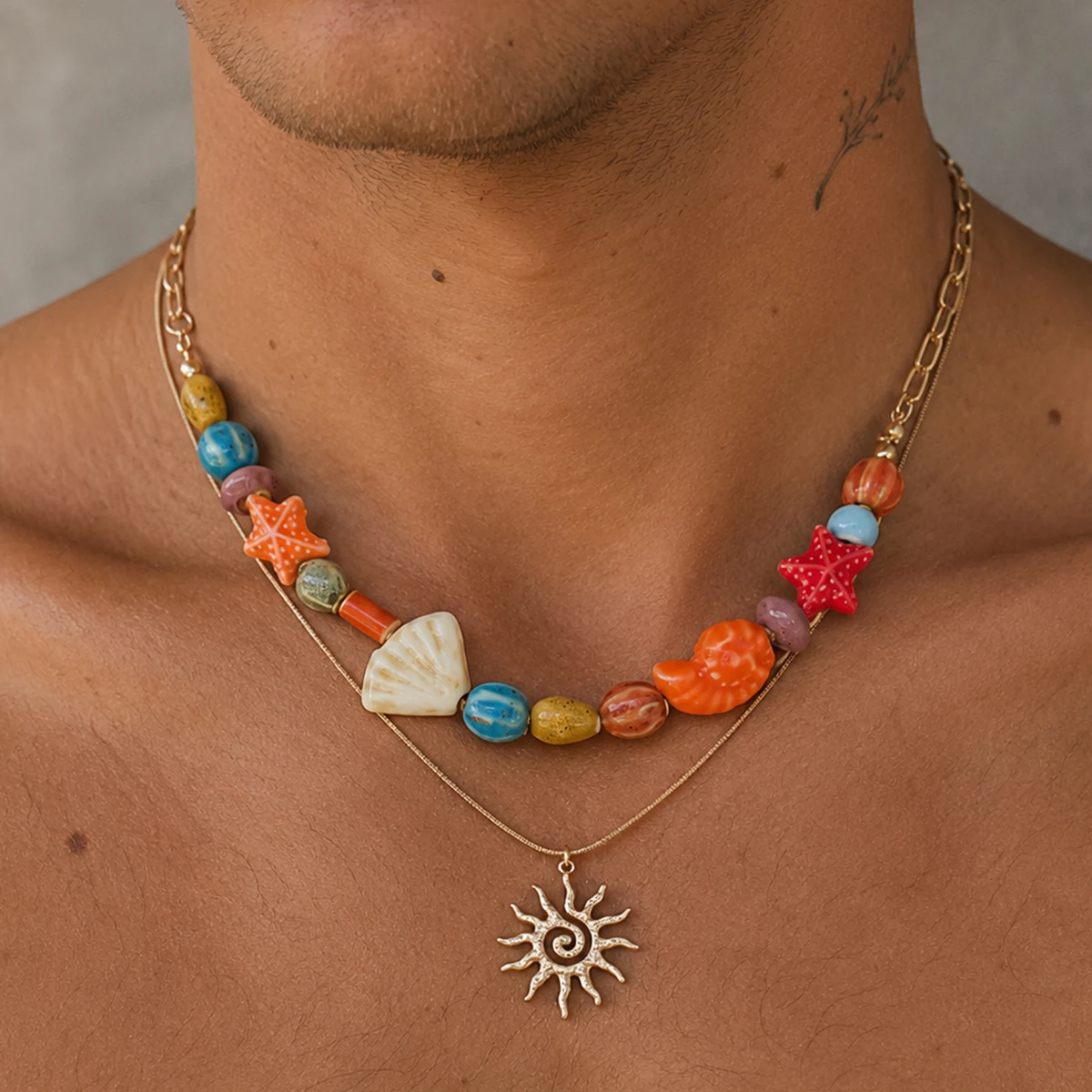 

Ingemark 2 Pcs/Set Hip Hop Colorful Ceramic Sea Star Conch Bead Choker Necklace for Men Punk Retro Spiral Sun Pendant Necklaces