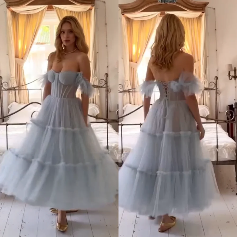 

Customized Net Pleat Tiered Off-the-shoulder Lace-up A-line Midi Dresses Bespoke Occasion Prom Party Elegant Evening