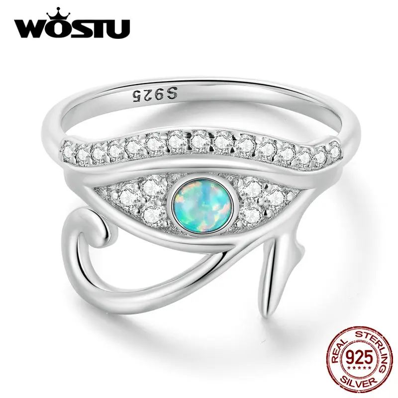 WOSTU 925 Sterling Silver Egyptian Eye of Horus Band Rings Women Fire Opal Stone White Zircon Guard Ring Birthday Party Jewelry