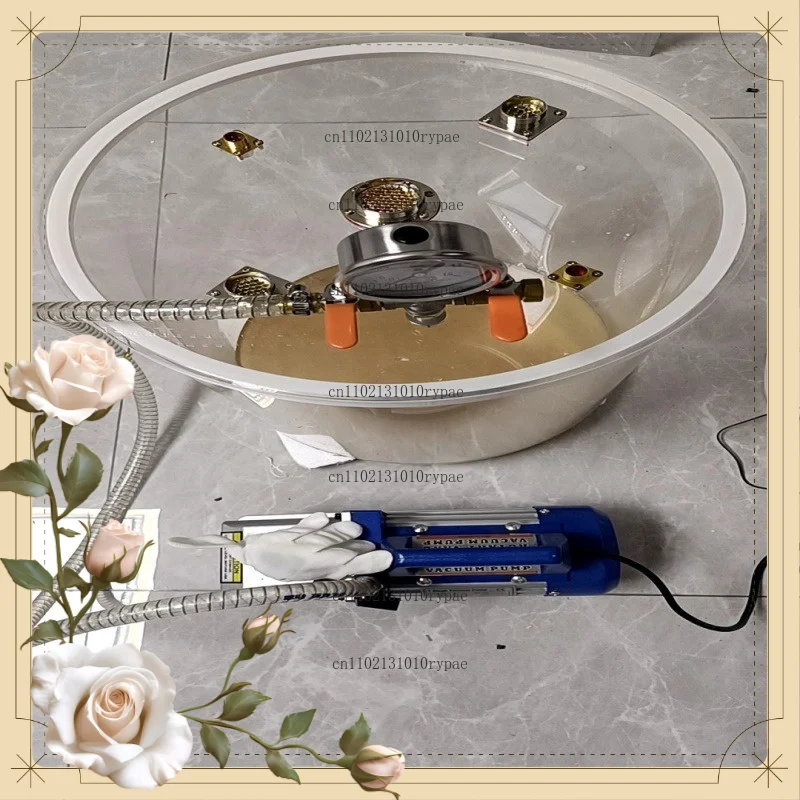 Air extraction for fully transparent acrylic vacuum chamber with ultra-long pressure holding, sealed defoaming barrel