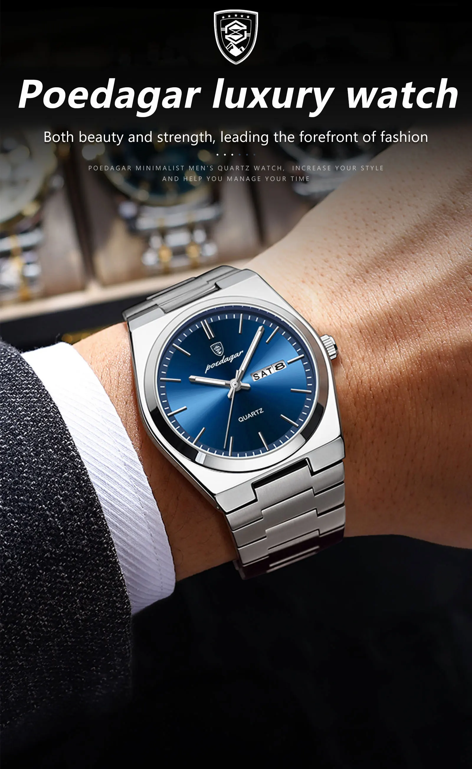 POEDAGAR Luxus Uhren Für Männer Edelstahl Wasserdicht Leucht Mann Uhr Datum Woche Mode Lässig männer Quarzuhr Reloj – Detail 3