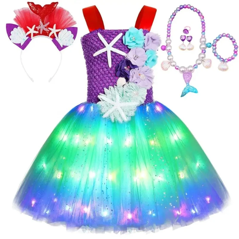 

Girls Sparkly Flowers Mermaid Tutu Dress for Girls with LED Lights Starfish Princess Costumes Kids New Years Carnival Outfit