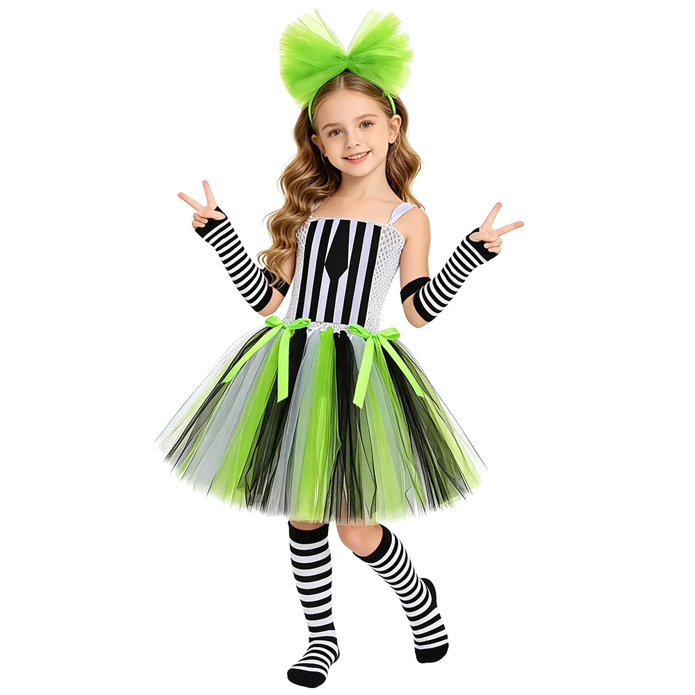 Halloween Hell Sorceress Costume for Girls Black White Green Striped Mad Wizard Fancy Tutu Dress Set Kids Carnival Party Outfit