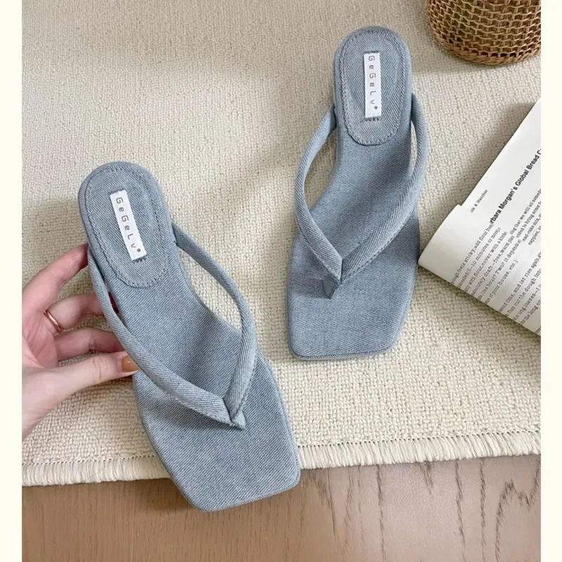 Toe Clip Women Flip Flops 2024 Summer New Fashion Casual Square Head Thick Heel Non-slip Beach Shoes Slippers for Women