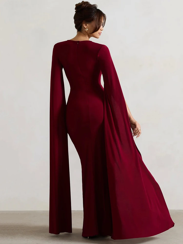 Mozision Long Cape Sleeve Split Maxi Dress For Women Gown Fashion Solid Square Collar Evening Sexy Long Dress Elegant New