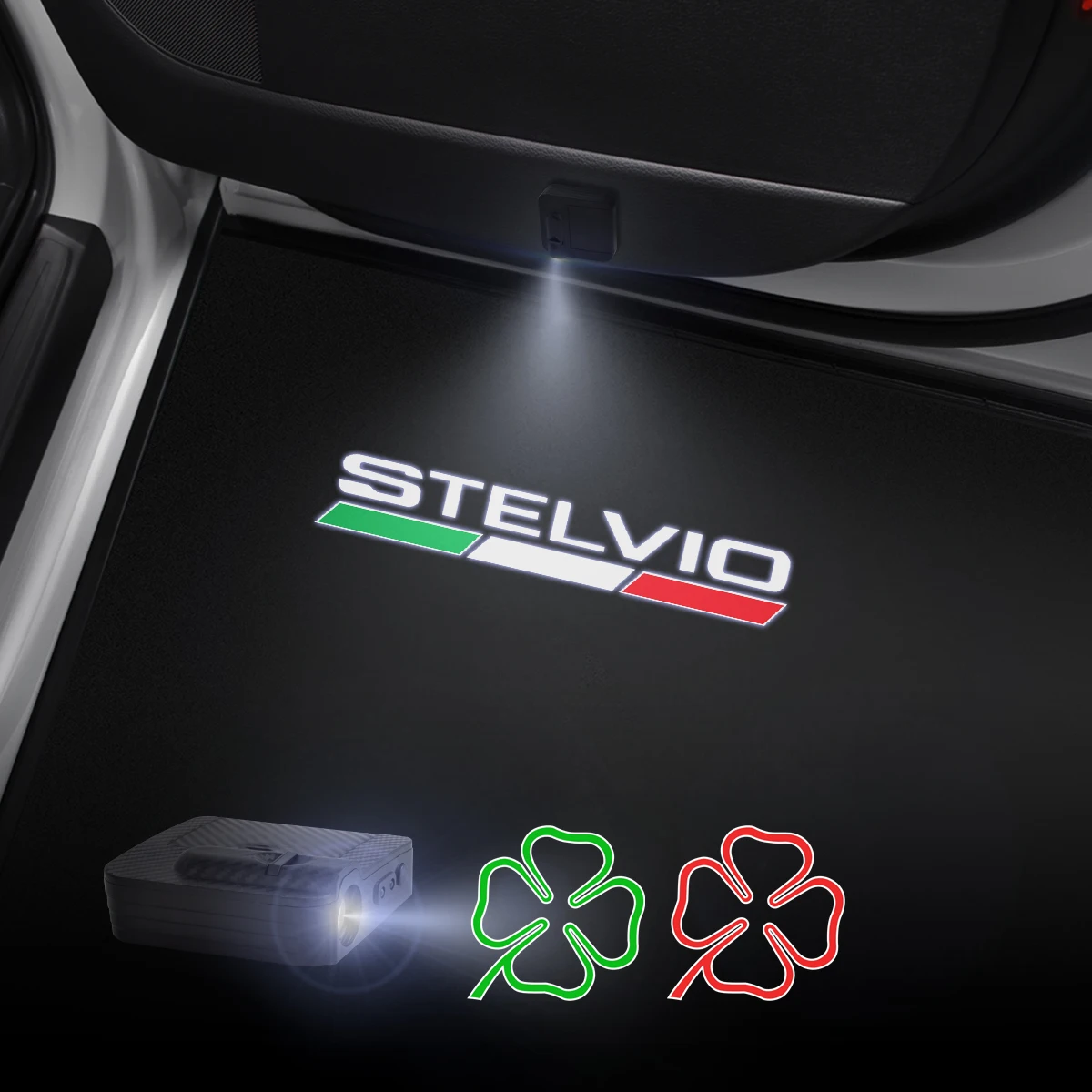 1/2PCS Italian Flag Four-leaf Clover Car Door Welcome Lights Laser Projector Logo Wireless Sensing For Alfa Romeo Stelvio Giulia