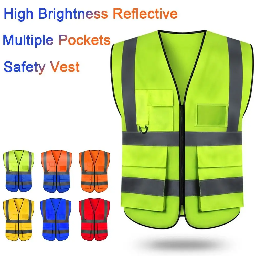 

Outdoor High Visibility Safety Vest with Pockets and Zipper One Size Workwear Security Reflective Vest