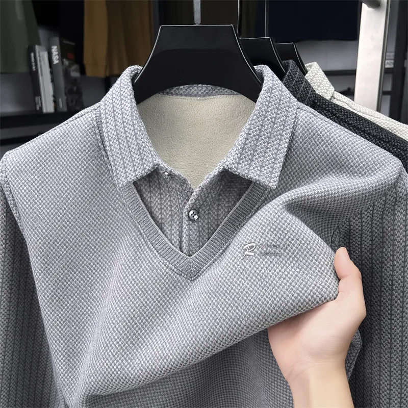 Brand Luxury Men's Plush Fake Two Piece Long Sleeve Knitted Sweater Winter New Solid Color Print Warm Fashion Business Menswear