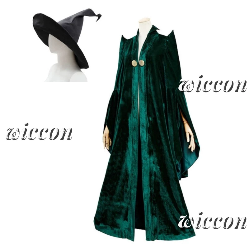 McGonagall Professor Cosplay Costume pour femme, robe verte, cape en velours, chapeau Everak, Halloween, carnaval, haute qualité