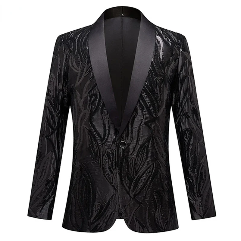 

Luxury Men's Brocade Sequin Suit Jacket 2024 Shawl Collar One Button Black Blazers Men Wedding Party Banquet Costume Homme