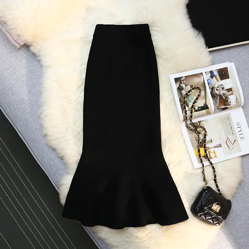 

Fashion Solid Color A-line Mermaid Skirts Female Autumn Winter Elastic Waist Knit Skirt For Women Vintage Slim Mid Length Casual