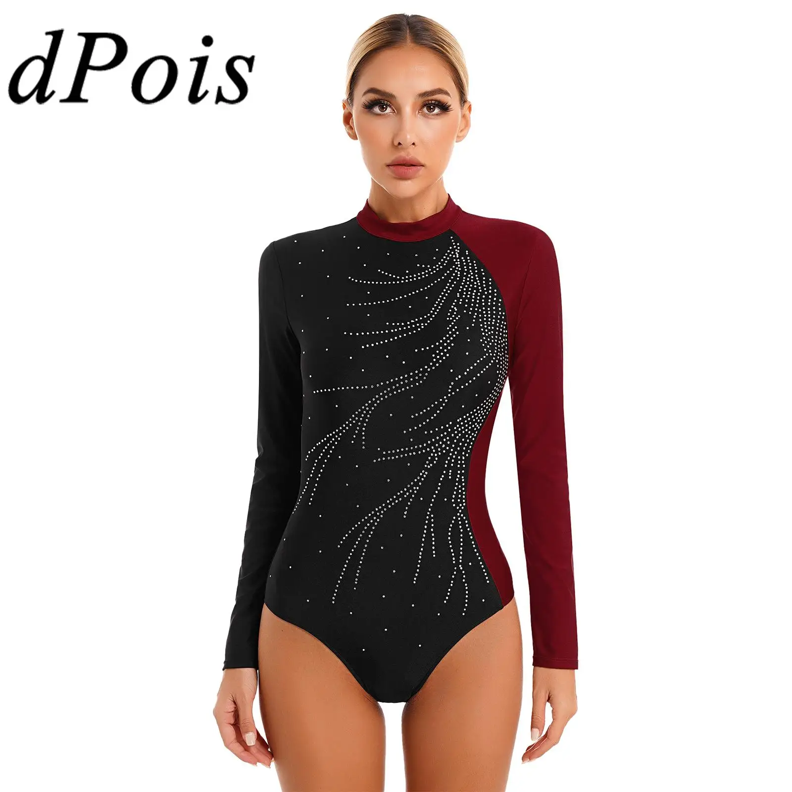 

Womens Glitter Rhinestone Color Block Ballet Leotard Long Sleeve Mock Neck Gymnastics Bodysuit Figure Skating Dance Jumpsuit