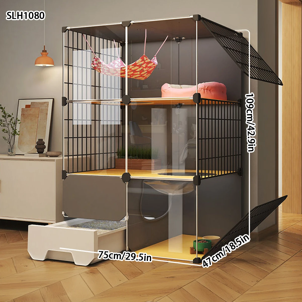 

Cat Cage with Free Space, Indoor Cat Villa with Integrated Litter Box and Toilet, Cat House and Cat Cabinet