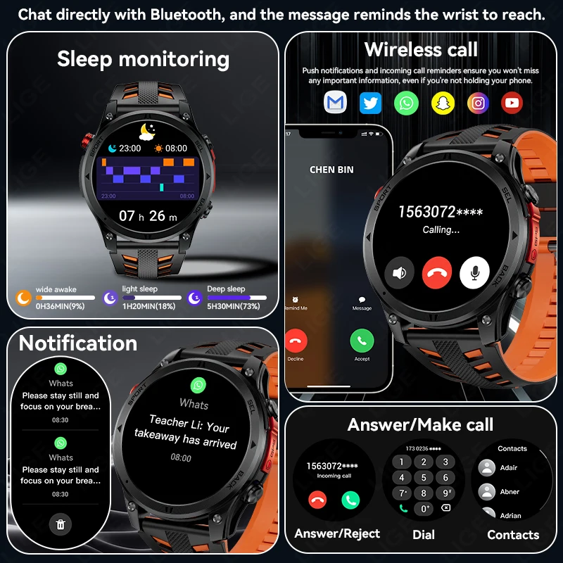 LIGE 2026 New GPS Path Smart Watch 530mAh Battery IP68 Waterproof Sports Run Tracker BT Call Outdoor Compass Military Smartwatch