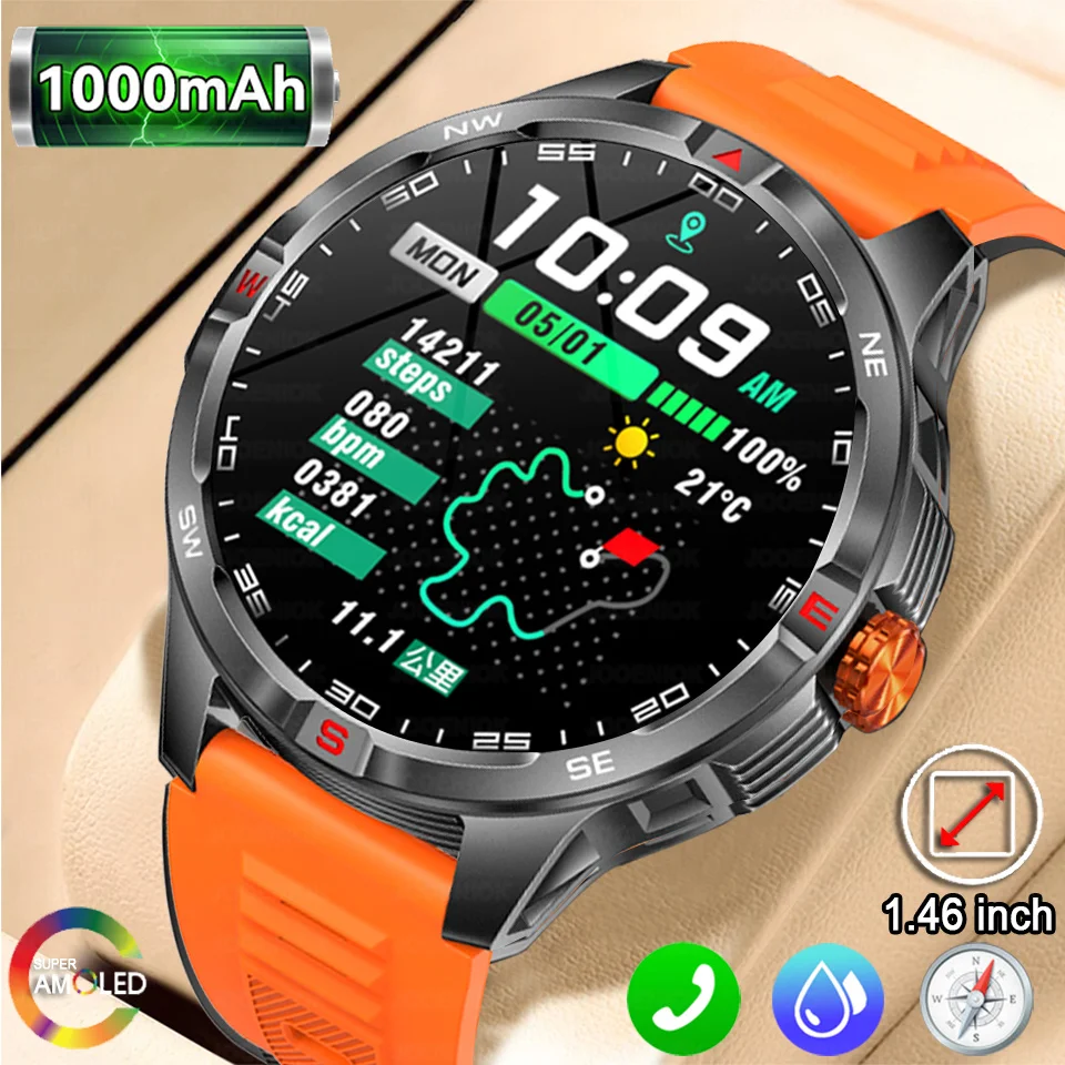 1000mAh Large Battery Sports Smart Watch Men Android IOS Compass Bluetooth Call 1.46 Inch Heart Rate 3ATM Waterproof Smartwatch