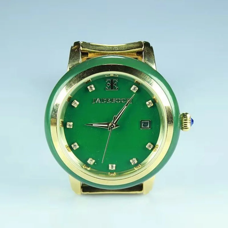 Hetian Green Jade Watch Gold Diamond with Calendar for Men and Women Couple