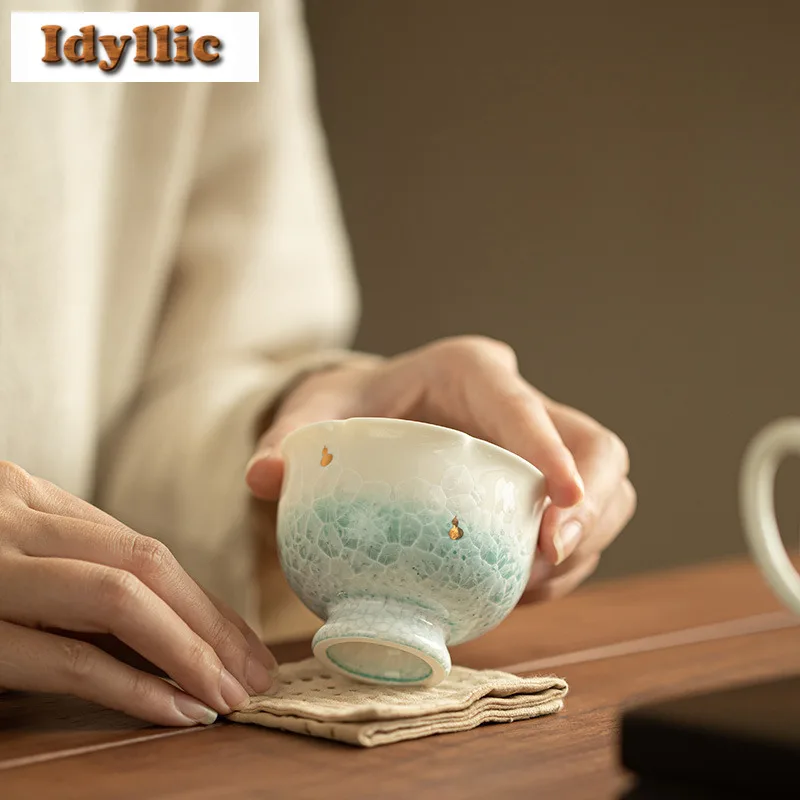 

100ml Crystalline Glaze Gold Pointing High Foot Teacup Zen Tea Bowl Mug Tea-tasting Meditation Cup Chazhan Master Cups Teaset