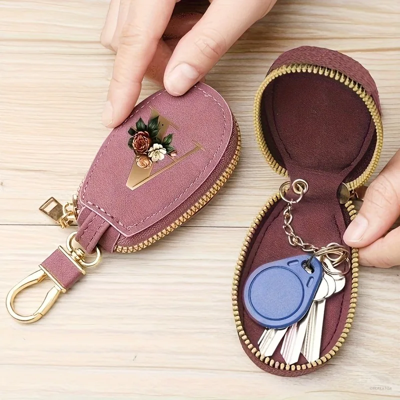 Matte rosafarbene, unisex 26-Buchstaben-Münzbörse, Autoschlüssel-Geschenkset, PU-Leder-Autoschlüsseltasche – Detail 3