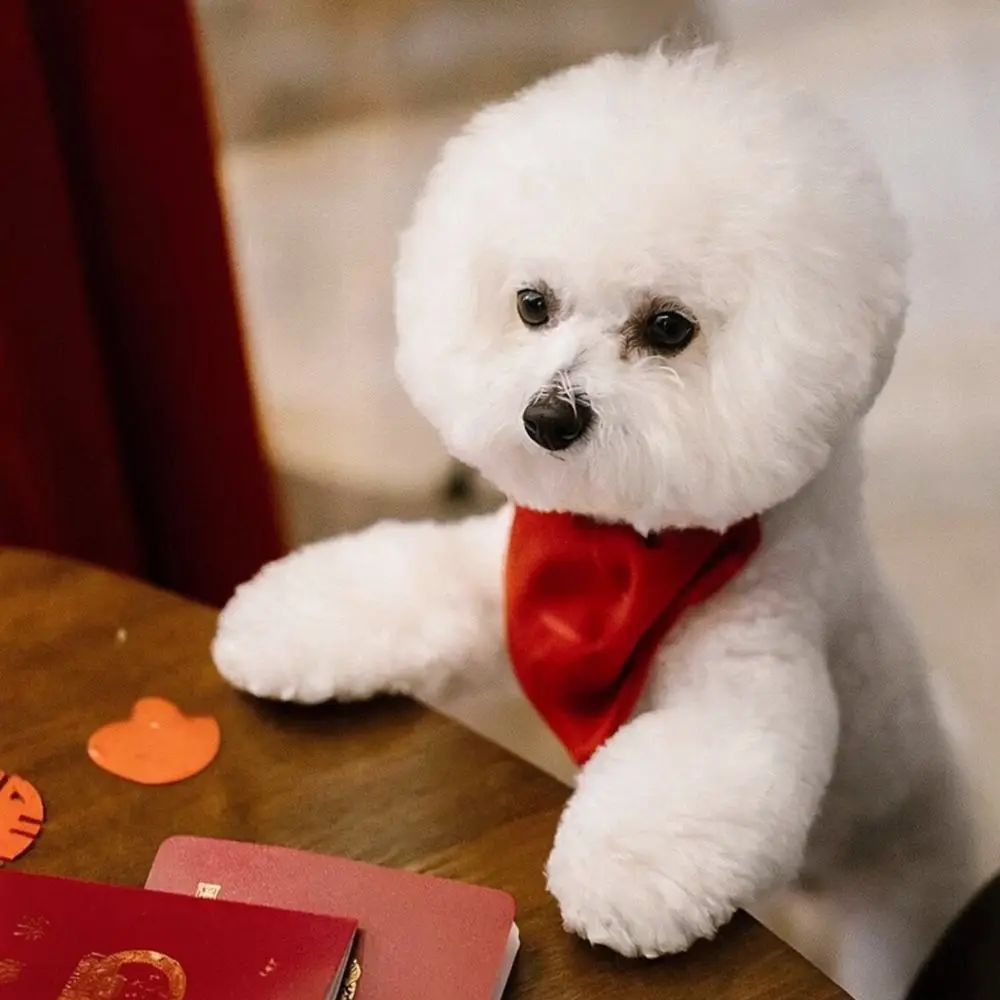Pet Wedding Decor Scarf Bowtie Red Festive Embroidery Triangle Bib For Puppy Kitten Traditional Chinese Party Wear