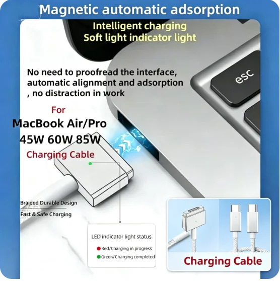 USB-C to Mag 2 T-Shaped Braided Cable Fast Magnetic Charger for MacBook Air/Pro 45W 60W 85W Compatible with USB-C Male to Mag 2