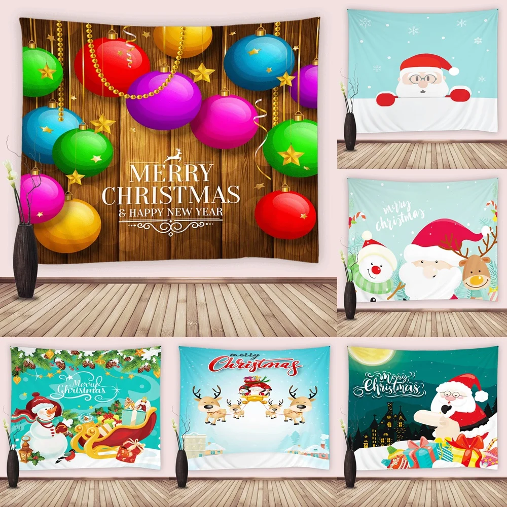 Christmas Ball Golden Star Tapestry Wall Hanging Fabric Funny Santa Claus Snowman Reindeer Tapestries Living Room Bedroom Decor