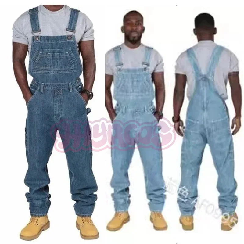 

New Men's Denim Cosplay Overalls Casual Multiple Pockets Loose Splice Straight Rompers Fashion Adjustable Suspenders Jeans Male