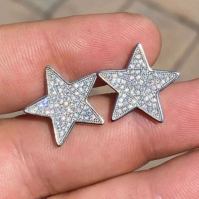 Huitan Chic Stars Stud Earrings for Girls Full CZ Bling Bling Five-pointed Star Earrings Silver Color Trendy Jewelry for Women