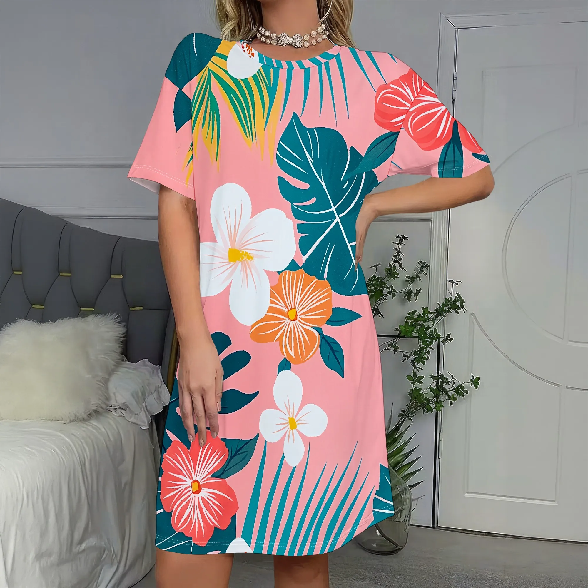 

Tropical Print, Summer Dress, Floral Pattern Beach Wear, Pink Base Vacation Outfit, Short Sleeve Casual Style, S-2XL