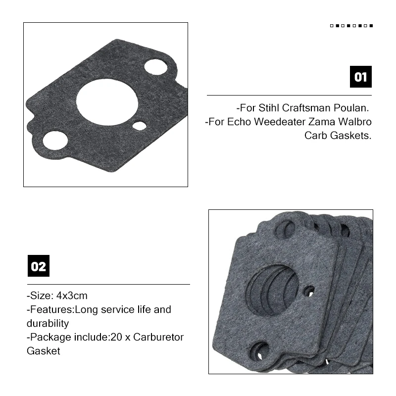 Kit de reconstrucción de carburador para cortadora de césped Stihl Craftsman Poulan para Echo Weedeater Zama Walbro, almohadilla de juntas de carburador, 20 unids/set