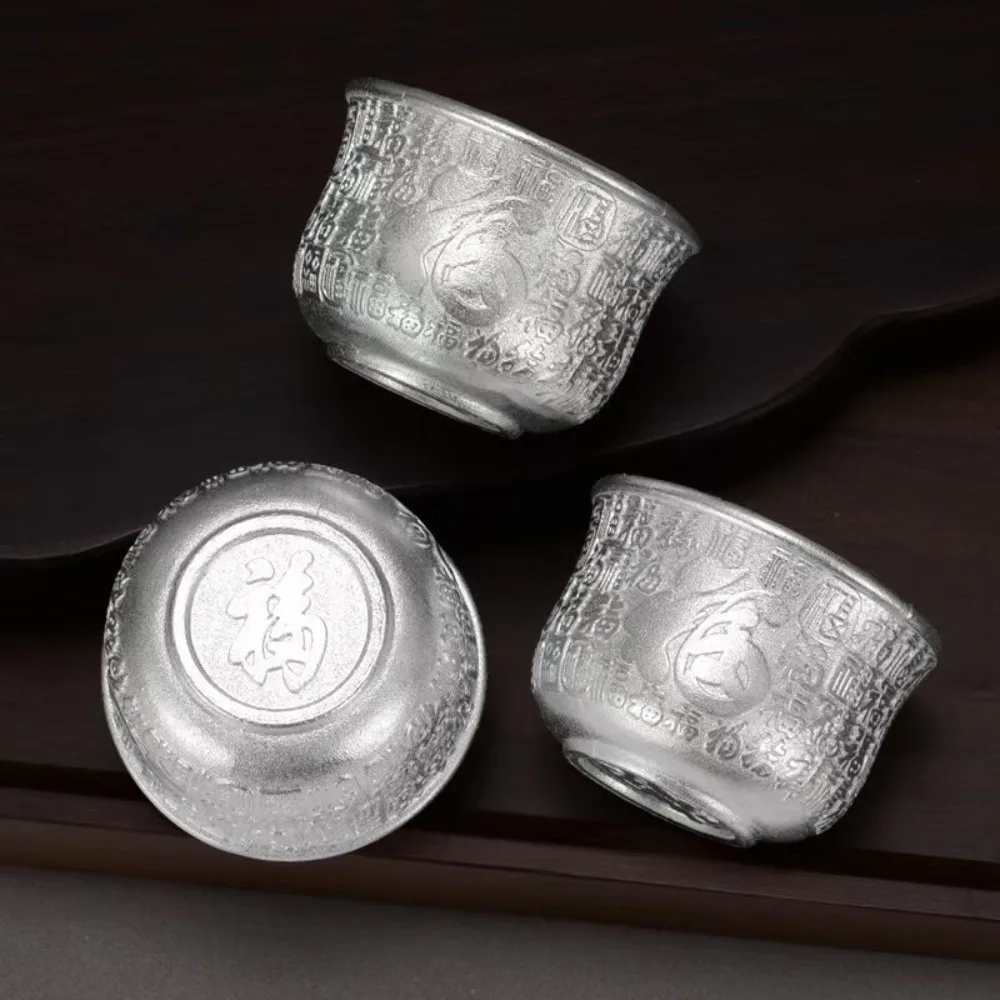 

6pcs Home Decoration Alloy Tea Cup Auspicious Fu Embossed Mini Wine Cup Gold/Silver Offering Water Bowl Living Room