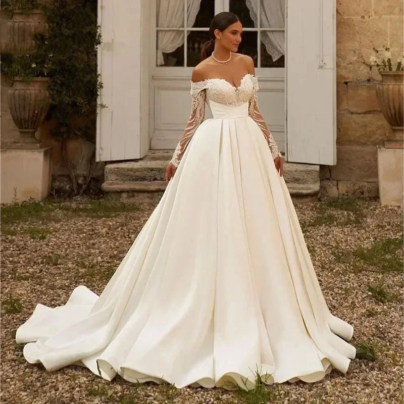 Custom-Made New Elegant Wedding Gown — Off-Shoulder, Simple & Stylish Satin Bridal Dress with Lace Appliqués